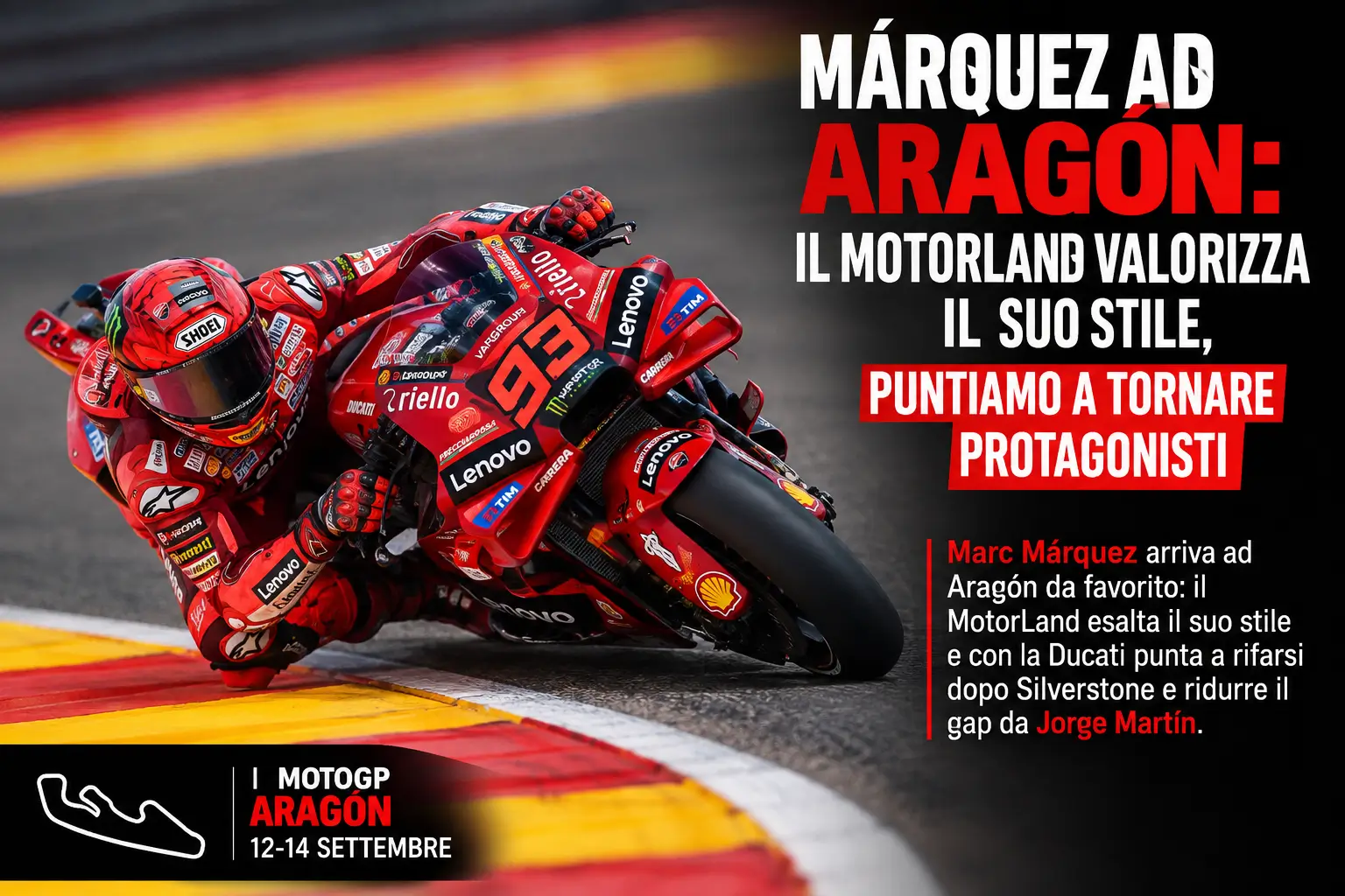 Marc Marquez in pista al MotorLand Aragon con la Ducati durante un weekend di MotoGP